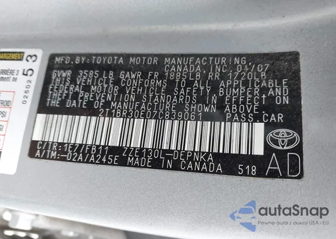 2007 Toyota Corolla Le z USA, uszkodzony, nr VIN 2T1BR30E07C839061